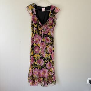 Y2k Babydoll Coquette Milkmaid Dress Black Pink Floral Whimsigoth Chiffon M READ